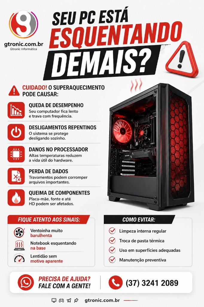 Seu PC está esquentando demais? Superquecimento pode causar lentidão, desligamentos e danos. Fale com a Gtronic.